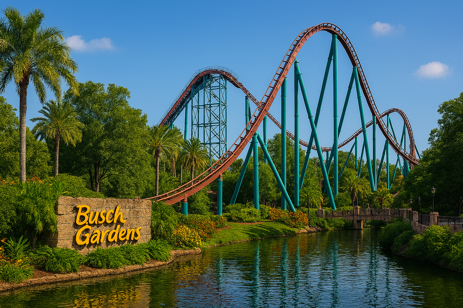 Roller coaster at Busch Gardens, lush greenery.
