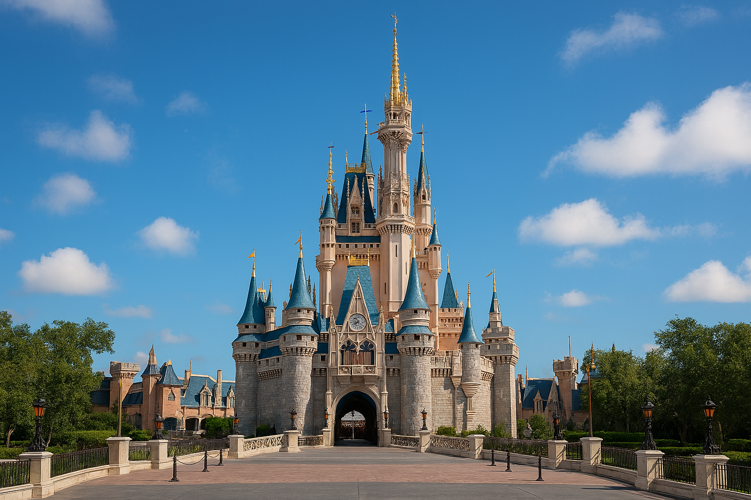 Castle with blue sky and clouds.