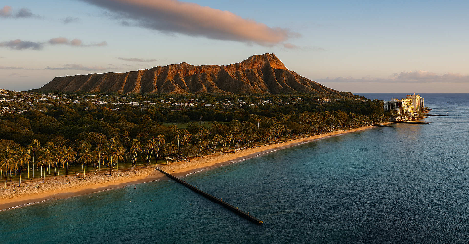 Diamond Head and beach at sunset, Hawaii.