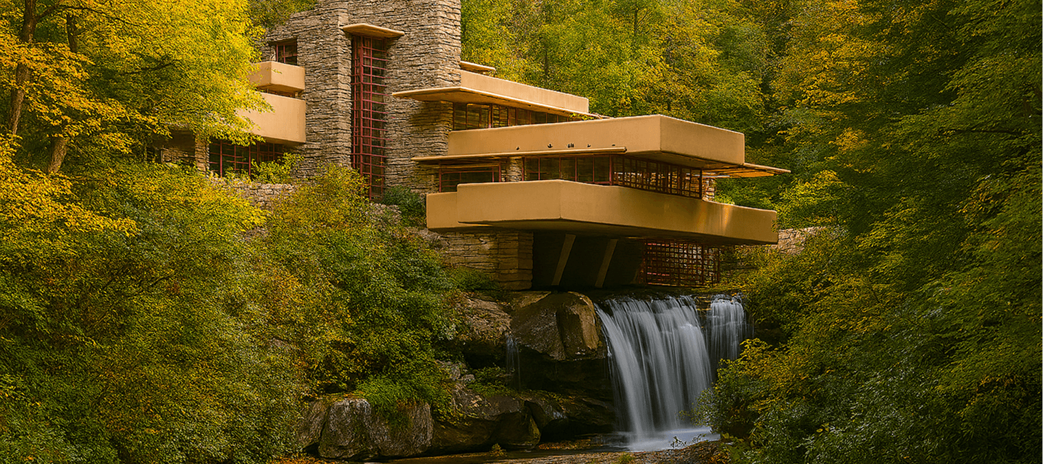House over waterfall surrounded by lush trees.