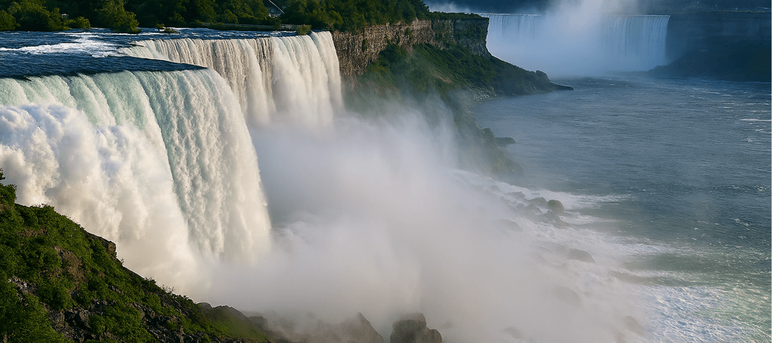 Waterfalls cascading into river with mist.