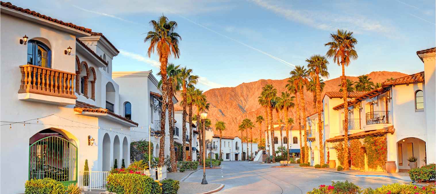 Street with palm trees and mountain backdrop.