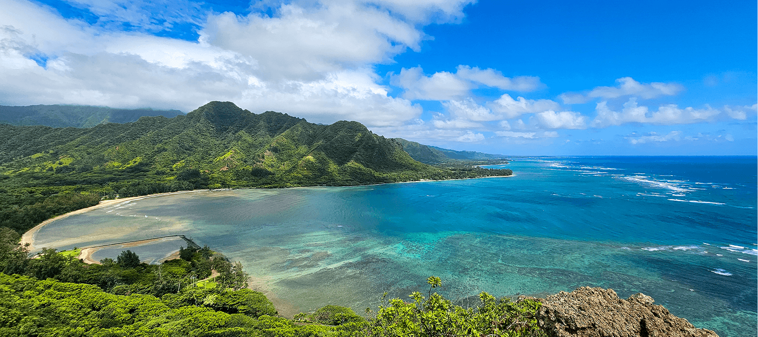 Tropical coastline with mountains and clear ocean.