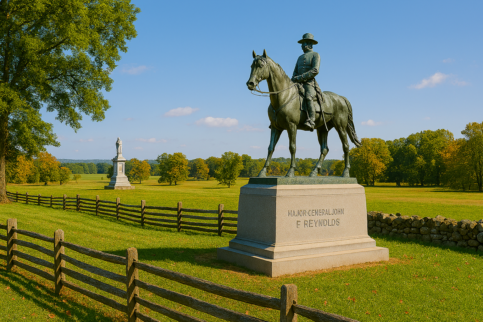 Equestrian statue in a grassy field setting.