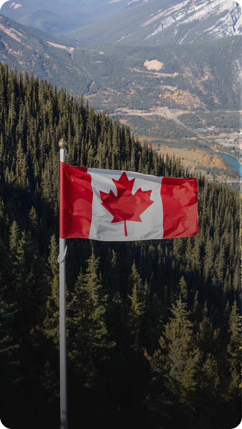 Canadian flag with mountainous forest backdrop.