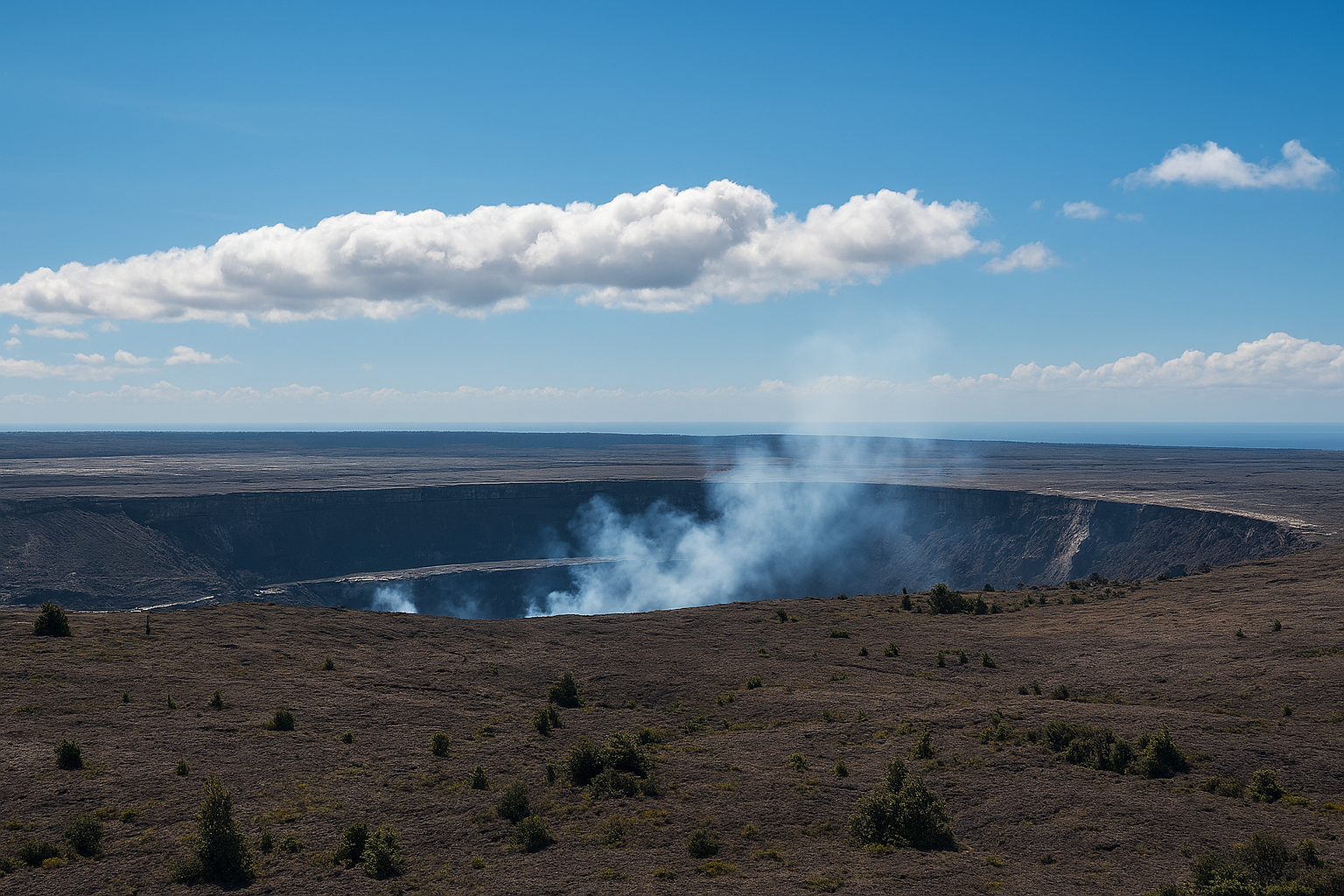 Volcano crater with smoke under blue sky.