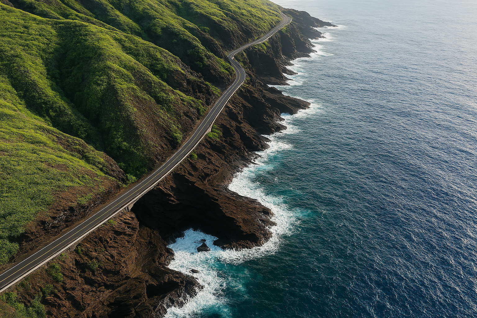 Coastal road alongside green cliffs and ocean.