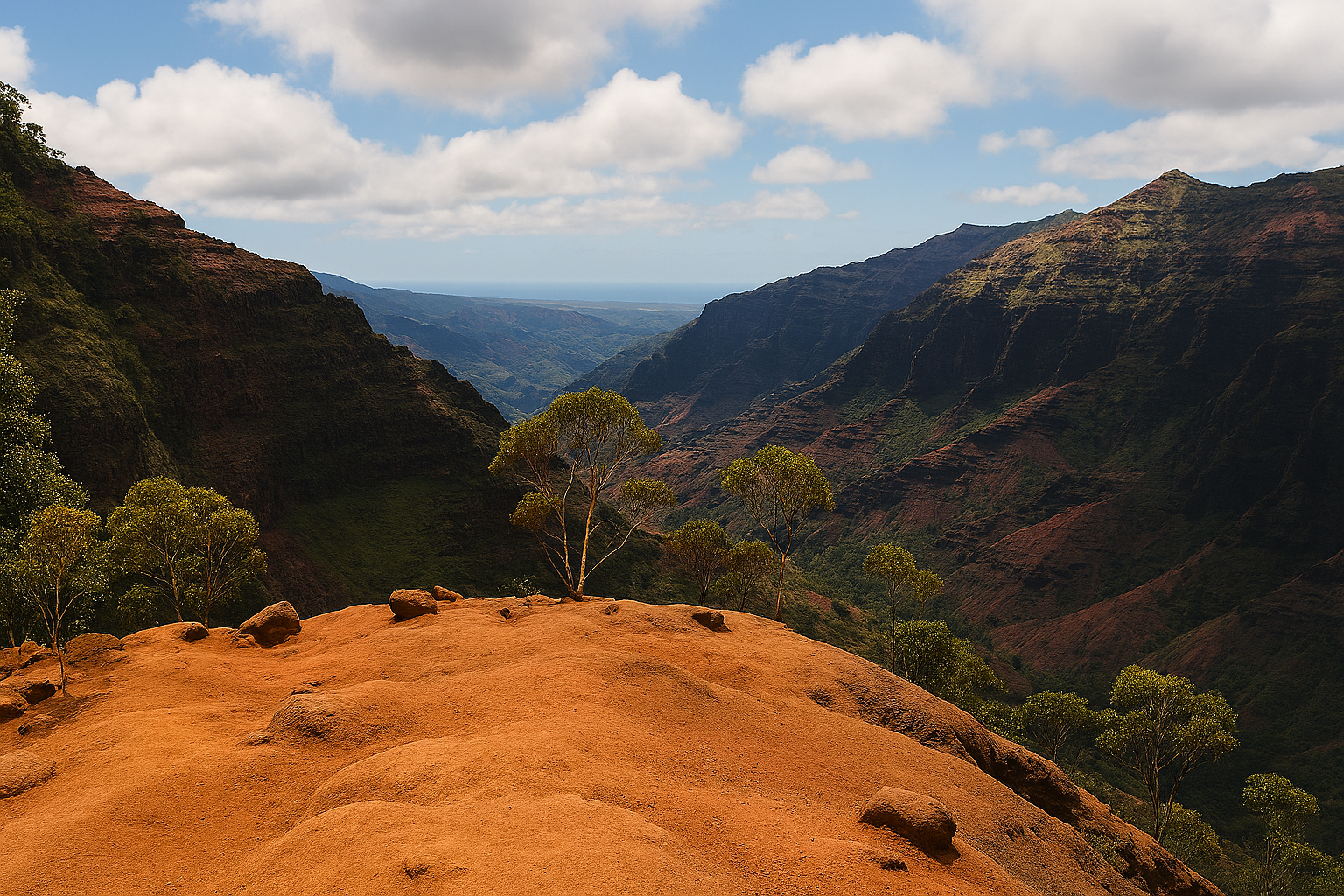 Canyon landscape with red soil and trees.