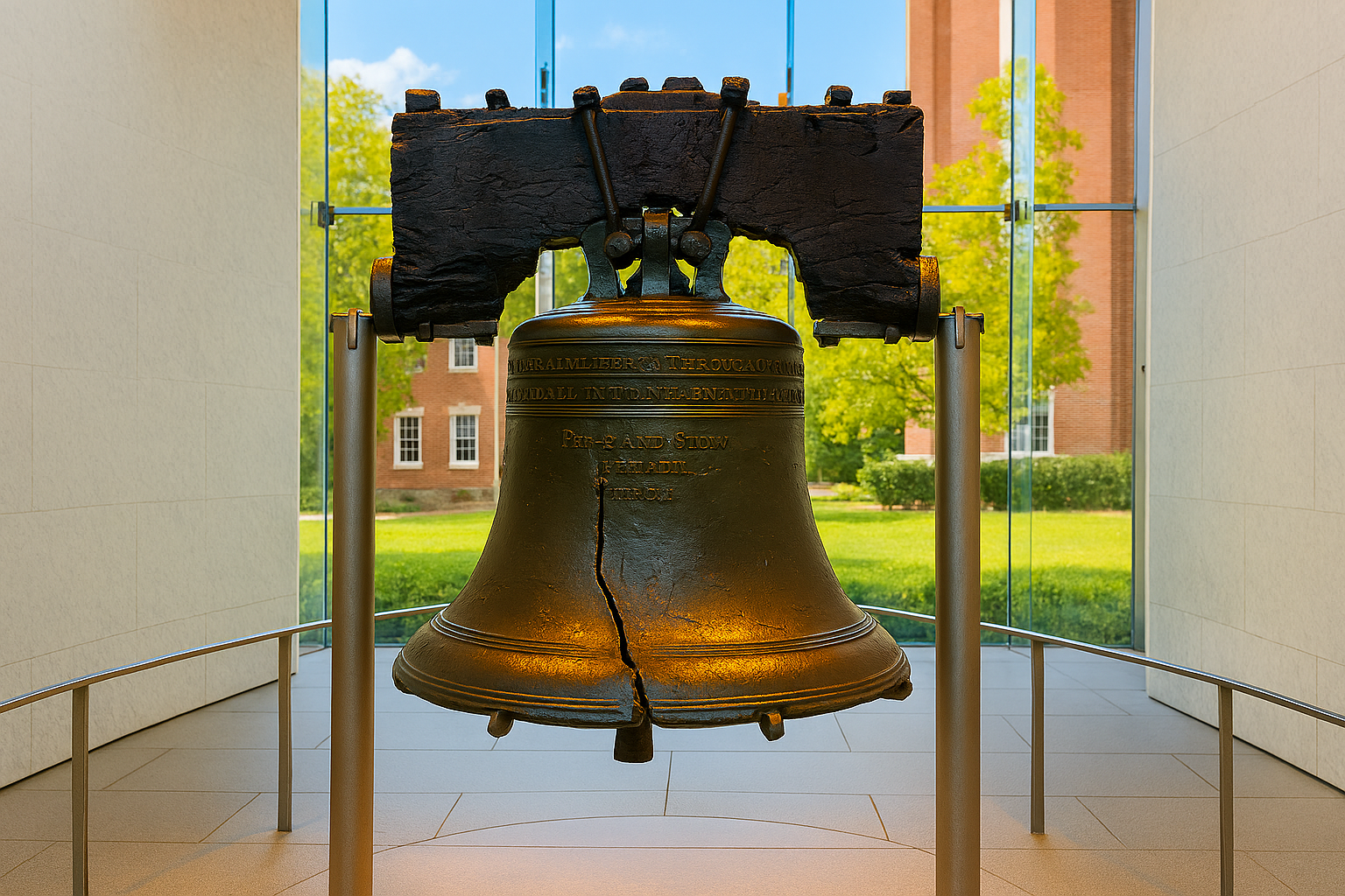 Cracked liberty bell with building in background.