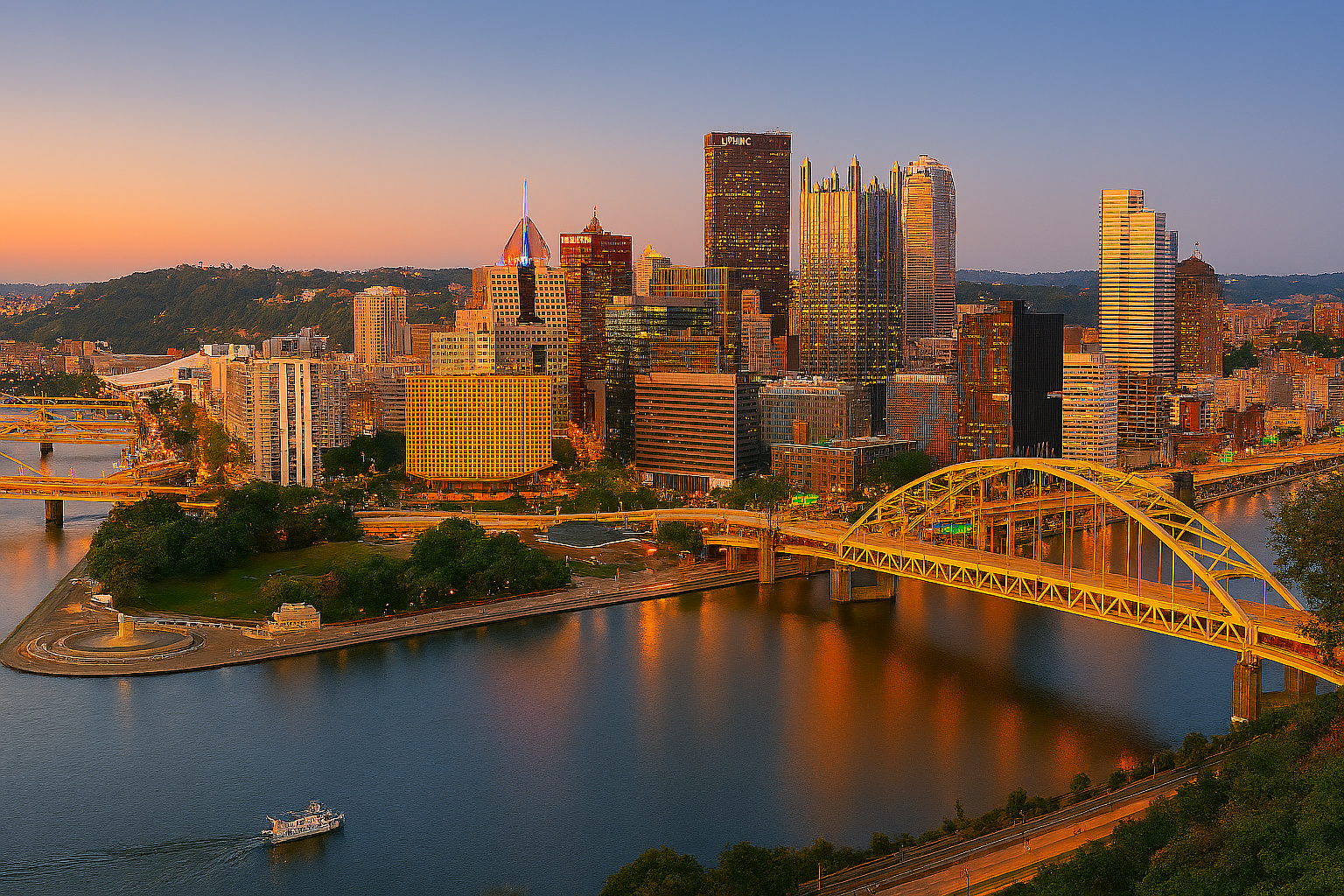 City skyline with river and bridges at sunset.