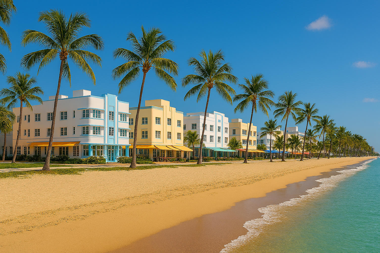 Colorful beachfront buildings with palm trees.