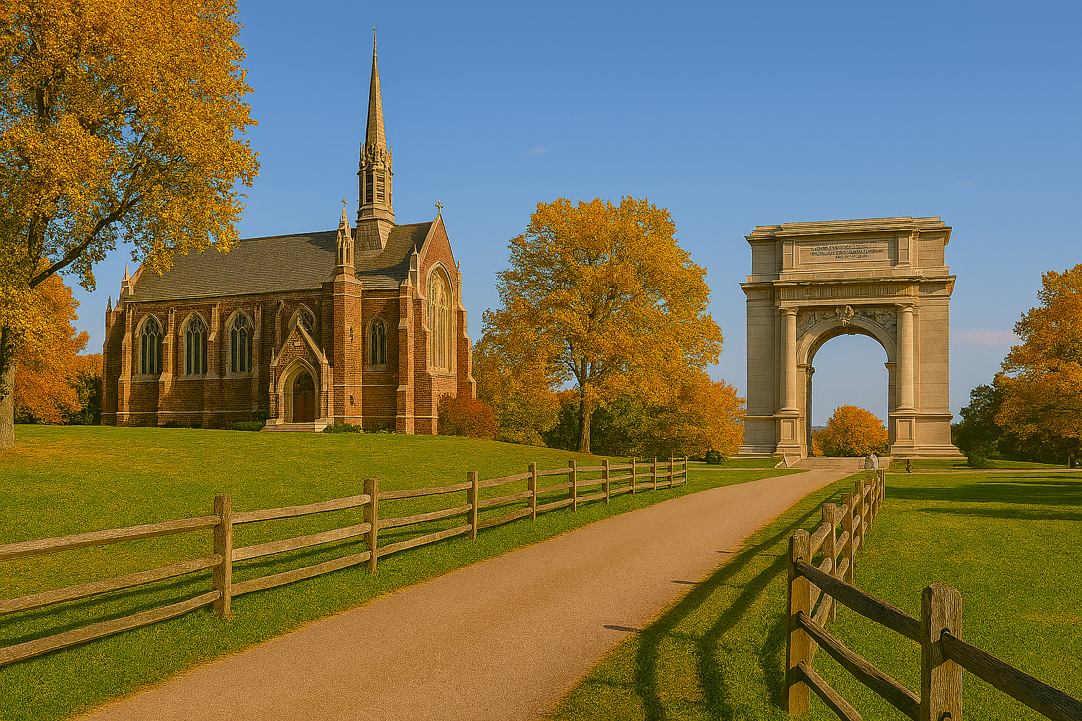 Church and archway in autumn landscape.