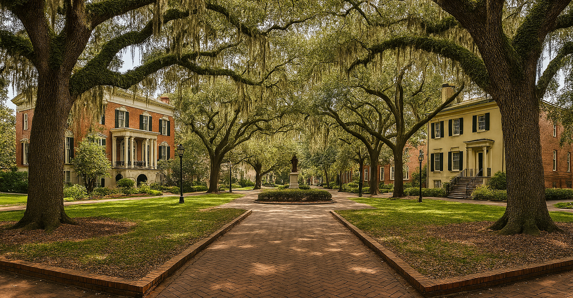 Tree-lined square with historic buildings and statue.