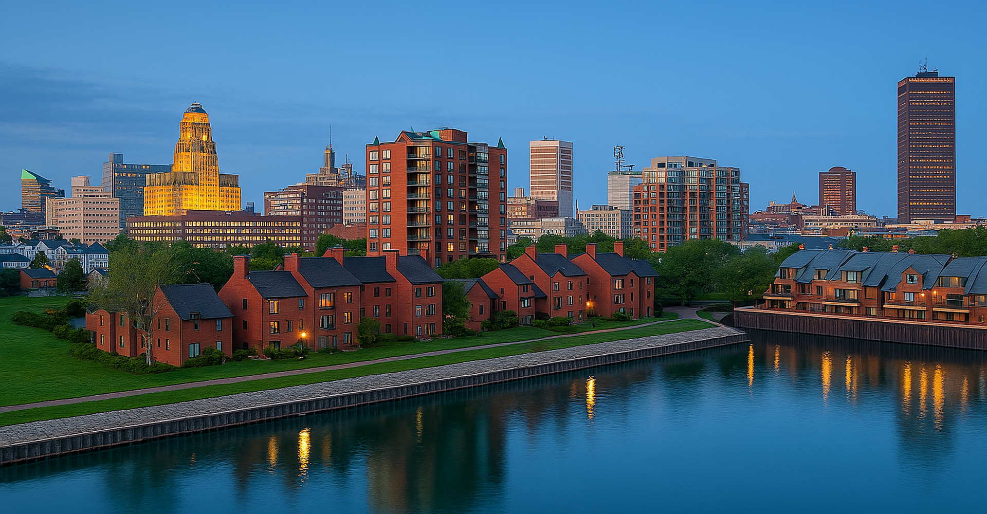 Skyline and waterfront view of city buildings.