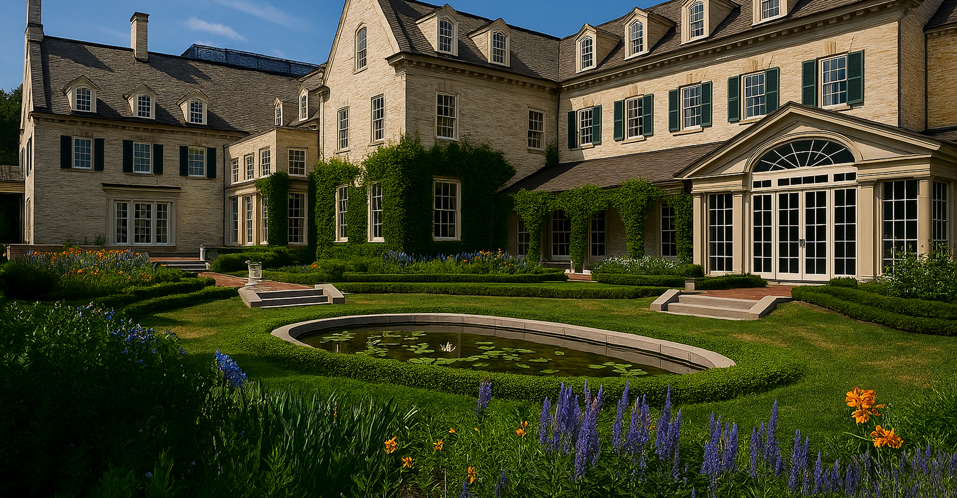 Elegant mansion with garden and pond view.