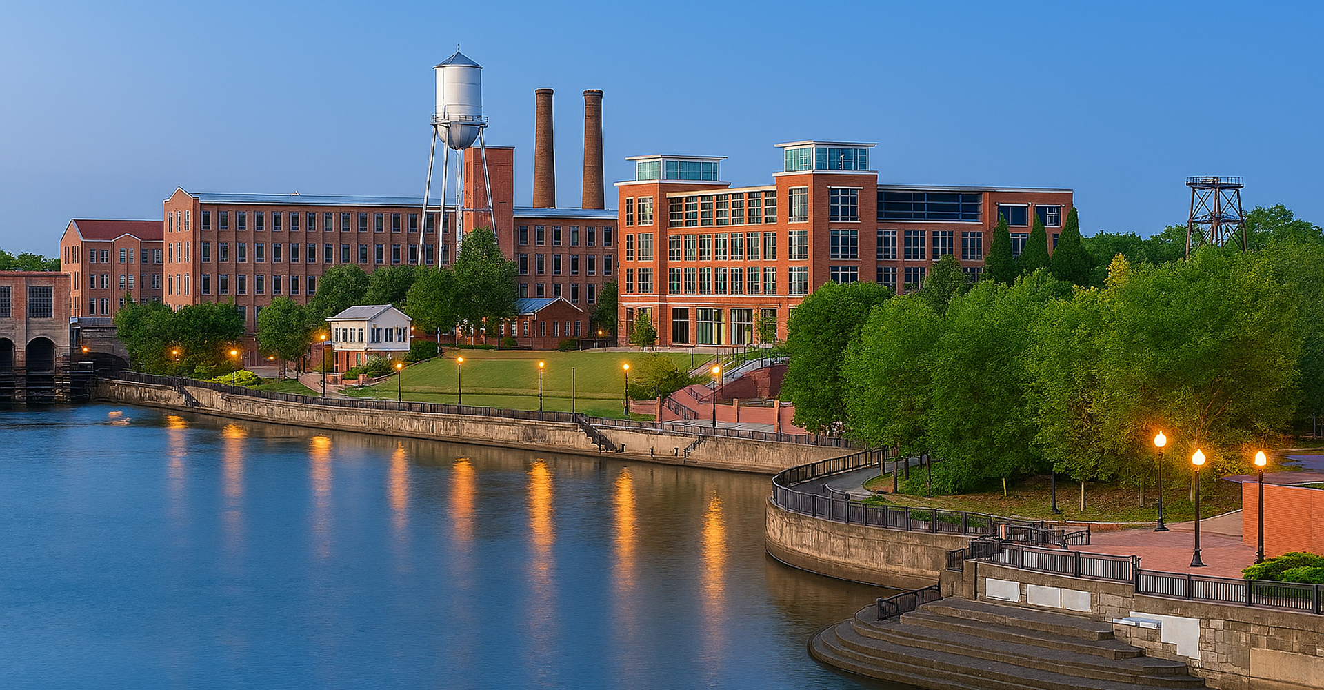Riverfront buildings with water tower and greenery.