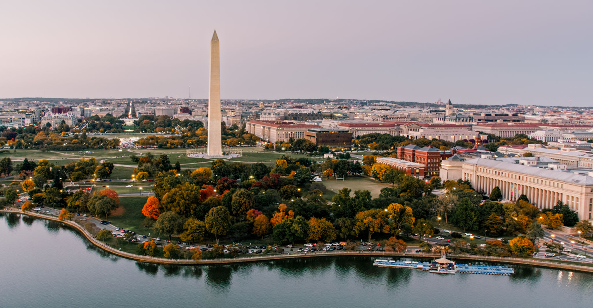 Aerial view of Washington Monument and surroundings.