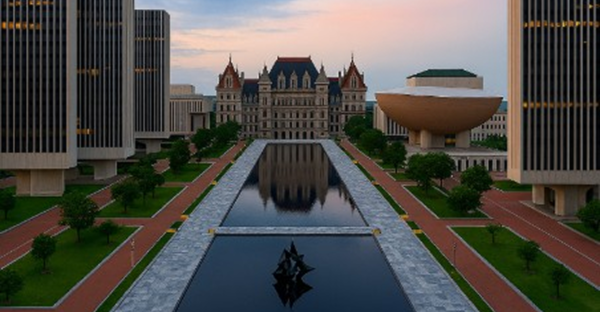 Modern plaza with reflecting pool and buildings.